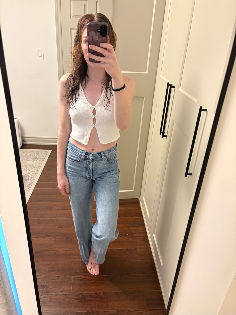 Aritzia White Knit Cotton Tank Top with Keyhole Buttons